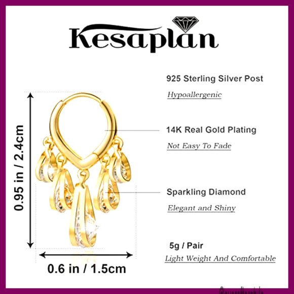 14K Gold Plated Huggie Hoop Earrings Dangle Statement Hypoallergenic - Picture 5 of 7